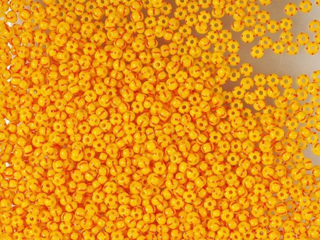 Yellow-orange with red stripe, Czech beads
