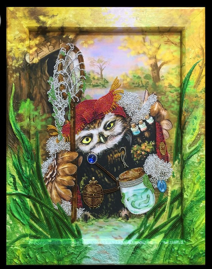 Wizard Owl, Complete kit for DIY embroidery with beads and decorative elements, Kit