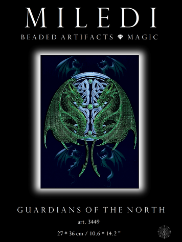 Артефакт для сакральної вишивки MILEDI Guardians of the North: два смарагдових дракони та кельтський вузол бісером на темному фоні.