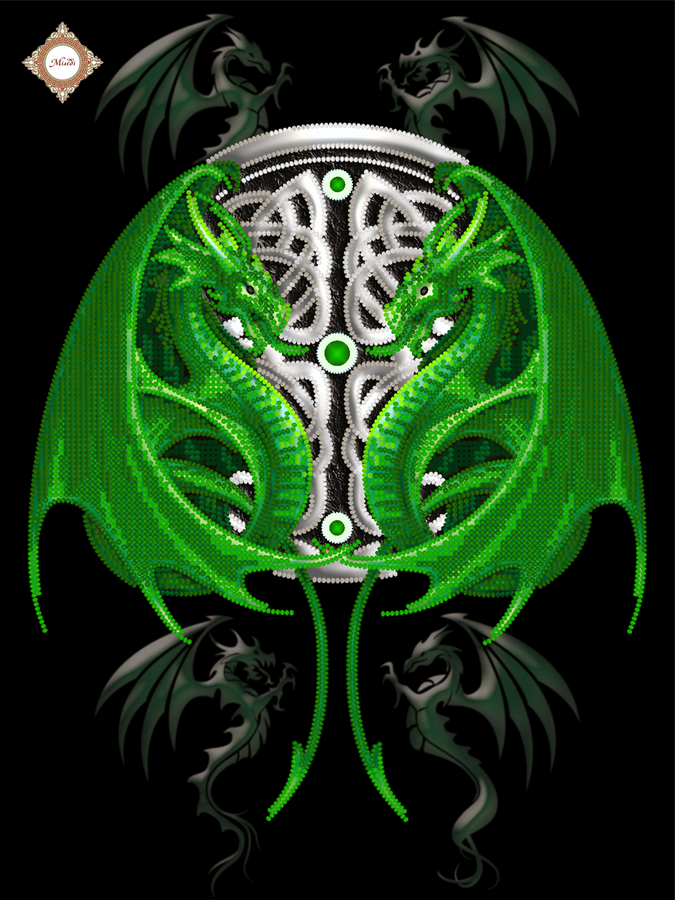 MILEDI Sacred Embroidery Artifact Guardians of the North: two emerald dragons and a Celtic knot in glass beads on a dark background.