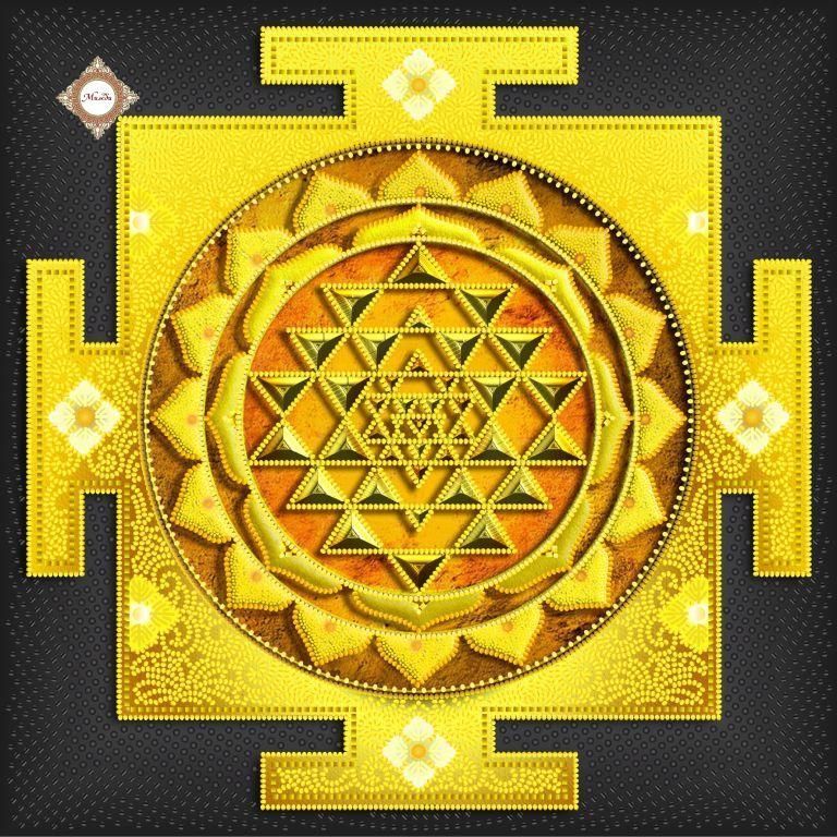 Golden Yantra of Prosperity (Yantra of Goddess Lakshmi), Complete kit of talismans for DIY embroidery with beads and decorative elements, Kit