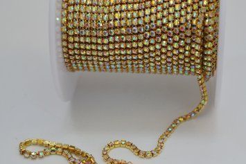Rhinestone chain crystal AB in gold frame (2 mm)